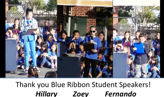 Hillary, Zoey and Fernando do a fabulous job as the student speakers for the Blue Ribbon acceptance celebration!