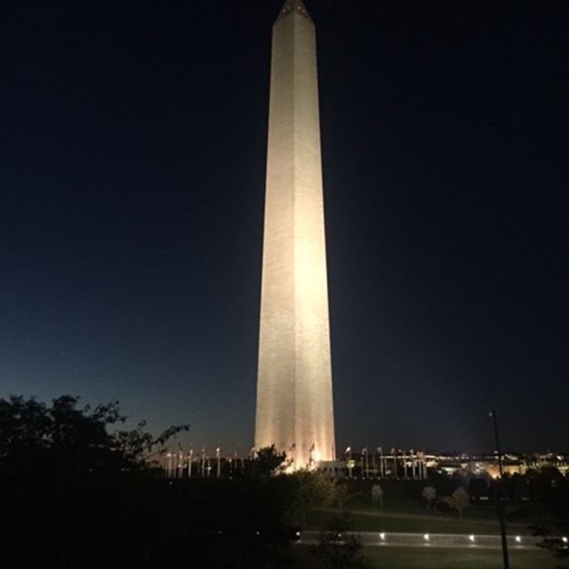 The Washington Monument's lights at night brighten the whole city!